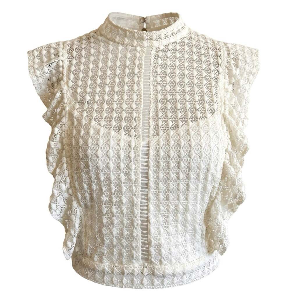 Shirt Lace Open Cutout Back Ruffle Crop Ivory Cream L